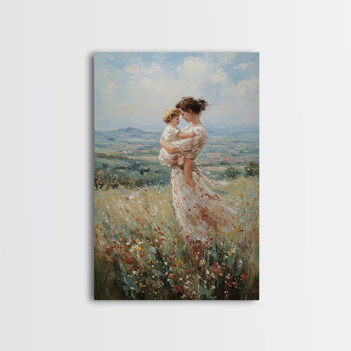 Mother And Toddler In Flower Meadow Wall Art, Impressionist Landscape Painting, Feminine Nursery Decor, Gift For Mom Art Print