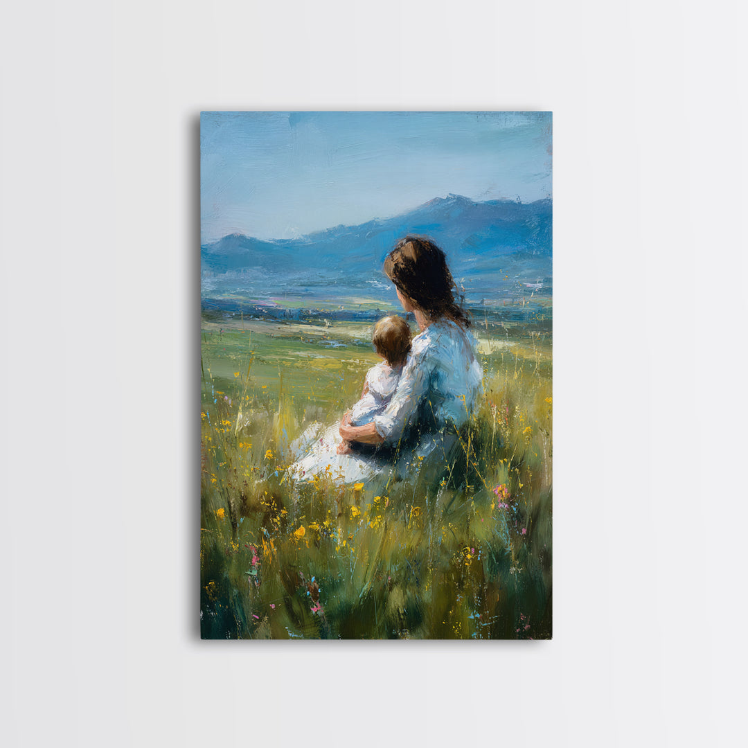 Mother And Child In Wildflower Meadow Canvas Print, Blue Mountain Landscape Wall Art, Nursery Decor, Mothers Day Gift, Home Decor