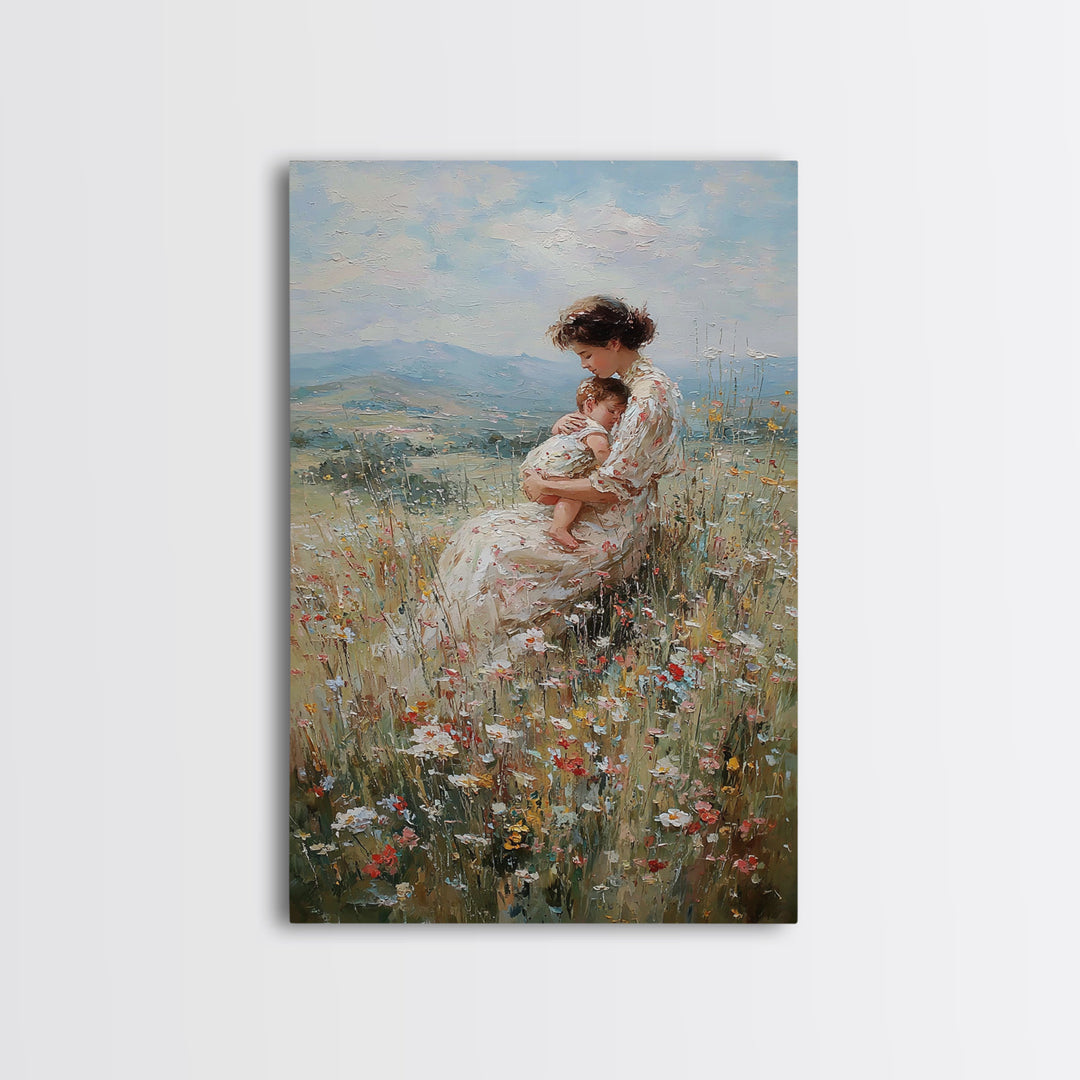Nursing Mother And Baby In Floral Meadow Framed Canvas Print, Impressionist Landscape Wall Art, Nursery Decor, Gift For Her