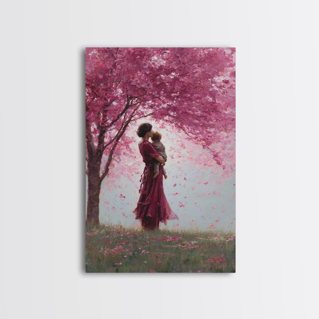 Mother And Toddler Under Pink Cherry Blossoms Wall Art, Romantic Floral Canvas Print, Feminine Decor, Mothers Day Gift, Nursery Decor