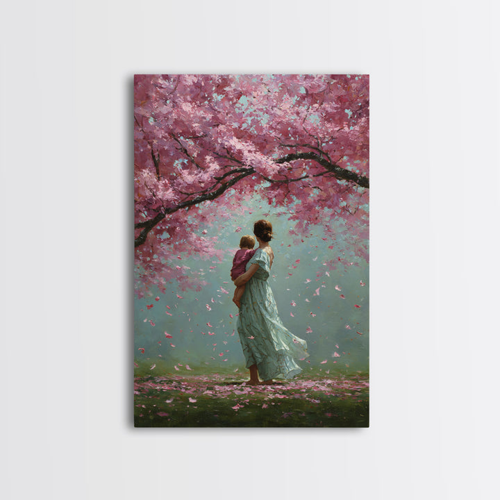 Mother And Child Beneath Cherry Blossom Canopy Canvas Print, Pink Floral Wall Art, Romantic Nursery Decor, Gift For Her, Home Decor