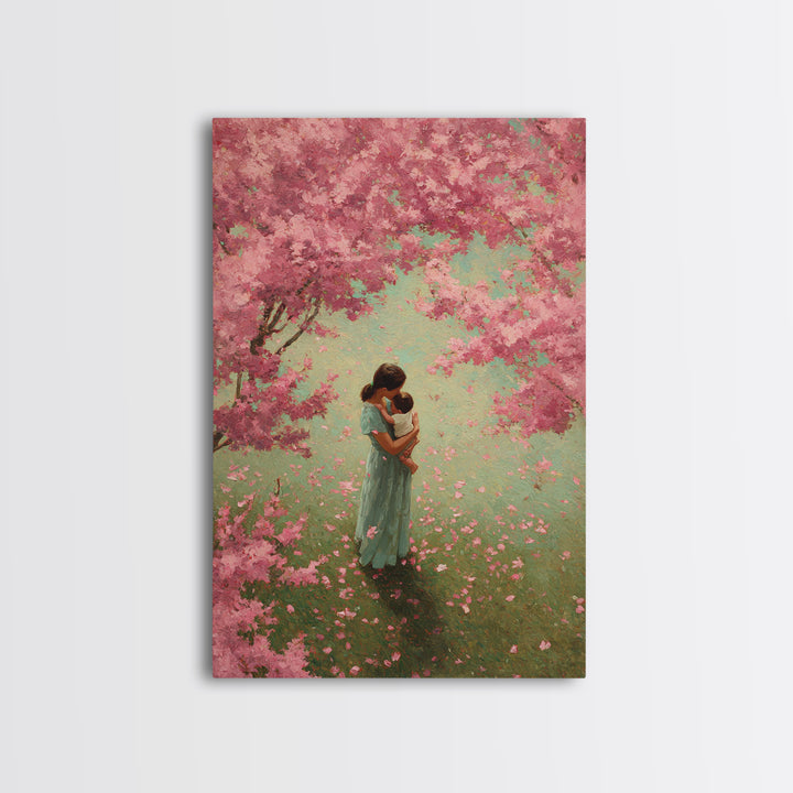 Mother Embracing Baby In Pink Blossom Garden Framed Canvas Print, Floral Wall Art, Feminine Nursery Decor, Mothers Day Gift