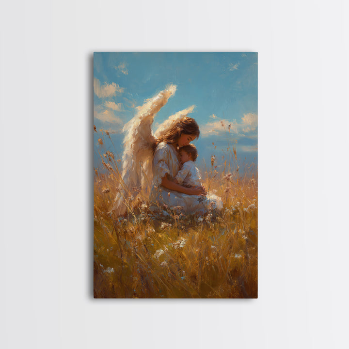 Guardian Angel Mother Holding Baby In Golden Wheat Field Canvas Print, Christian Wall Art, Nursery Decor, Mothers Day Gift