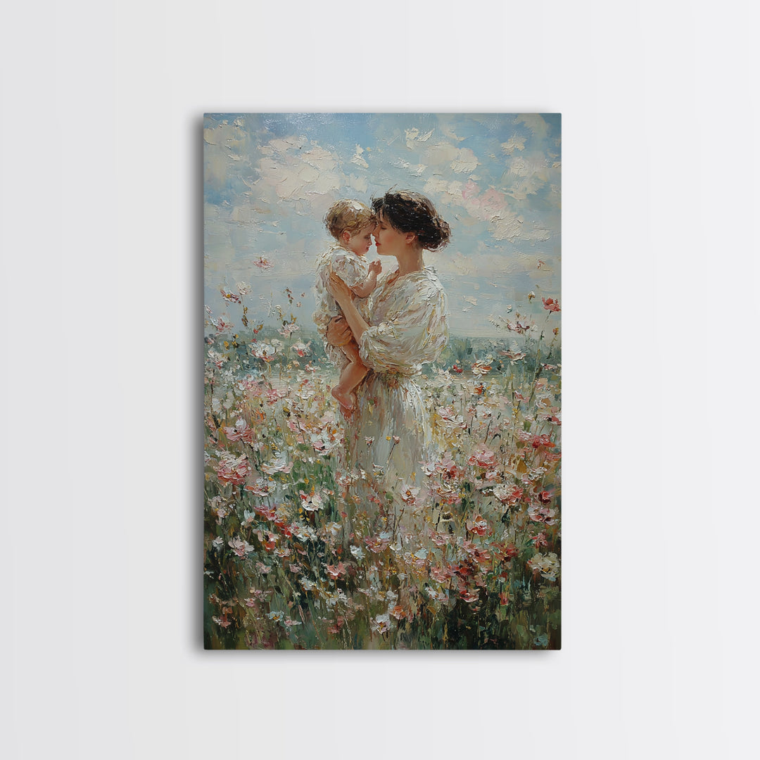 Mother And Baby Among White Wildflowers Framed Canvas Print, Impressionist Floral Wall Art, Nursery Decor, Gift For Her, Mothers Day Gift