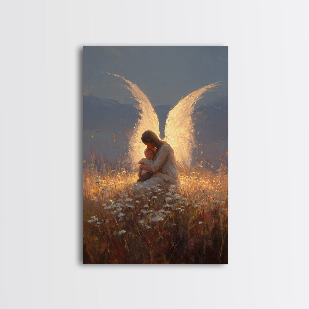 Glowing Guardian Angel With Baby In Twilight Meadow Canvas Print, Christian Wall Art, Spiritual Decor, Nursery Decor, Gift For Her