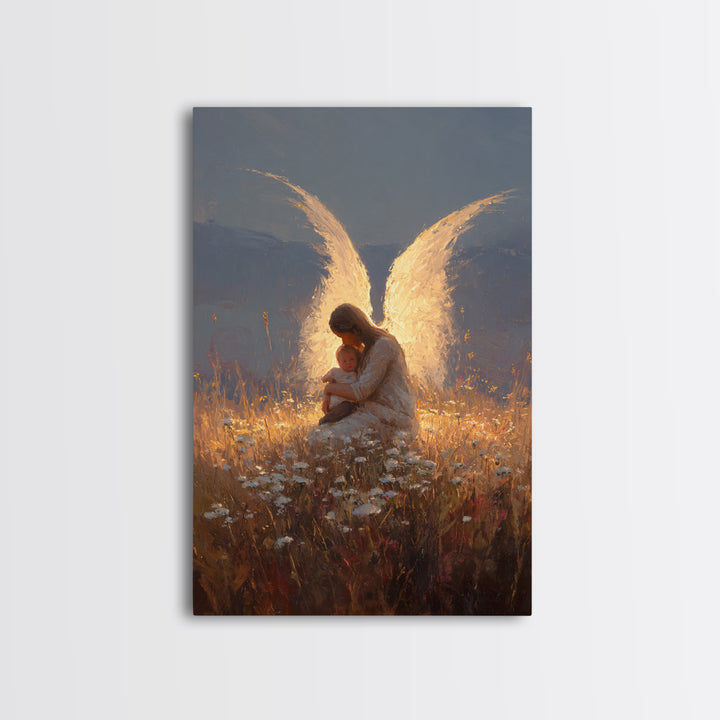 Glowing Guardian Angel With Baby In Twilight Meadow Canvas Print, Christian Wall Art, Spiritual Decor, Nursery Decor, Gift For Her