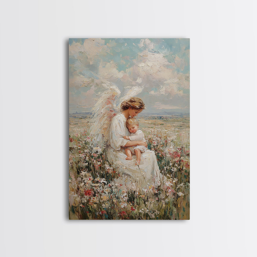 Angel Mother Holding Sleeping Child In Wildflower Meadow Framed Canvas Print, Christian Wall Art, Nursery Decor, Gift For Her