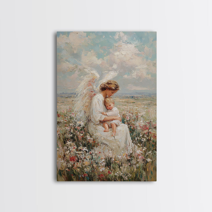Angel Mother Holding Sleeping Child In Wildflower Meadow Framed Canvas Print, Christian Wall Art, Nursery Decor, Gift For Her
