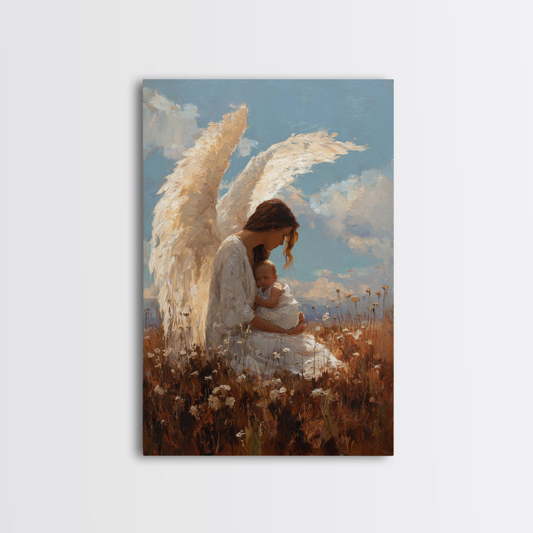 Guardian Angel Mother Cradling Baby In Golden Meadow Canvas Print, Christian Wall Art, Nursery Decor, Mothers Day Gift, Home Decor