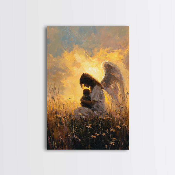 Golden Guardian Angel With Child Wall Art, Christian Nursery Decor, Spiritual Canvas, Angel Painting, Gift For Mom, Living Room Decor