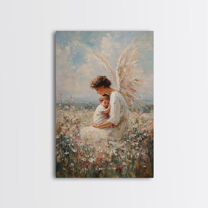 Serene Angel Holding Child Canvas Print, Christian Wall Art, Nursery Wall Decor, Spiritual Gift, Fine Art Print, Home Decor