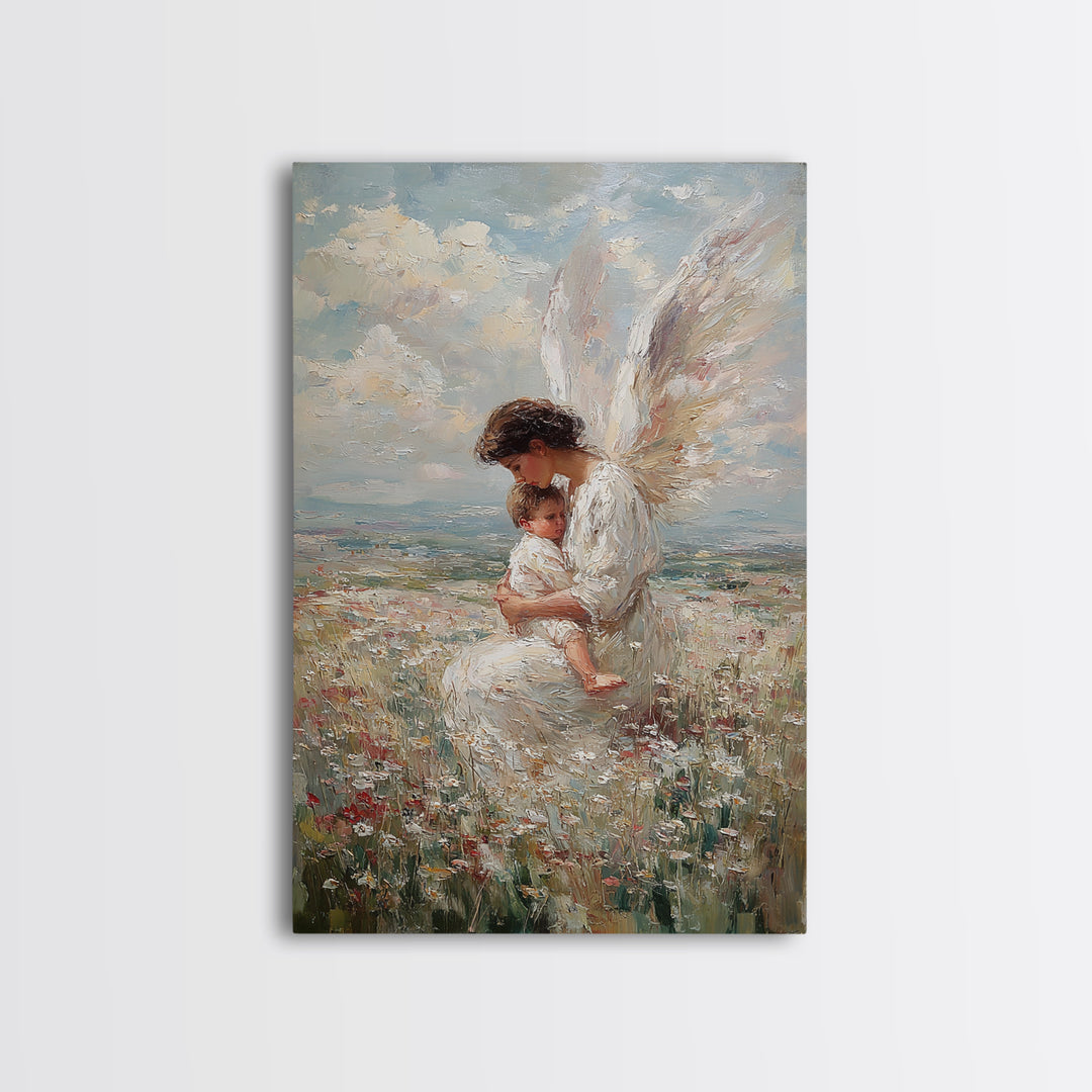 White Winged Angel And Child Framed Canvas Print, Christian Nursery Art, Guardian Angel Wall Decor, Religious Gift For Baby