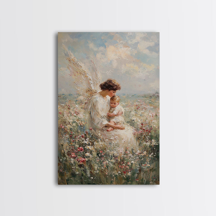 Motherly Angel With Baby In Wildflowers Wall Art, Christian Nursery Decor, Guardian Angel Print, Baptism Gift For Mom And Baby
