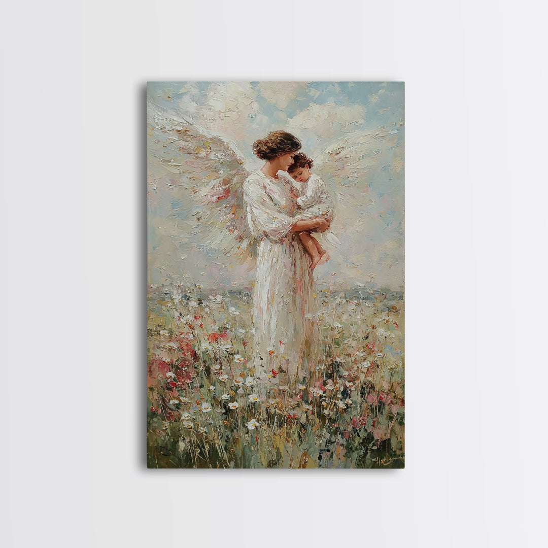 Standing Guardian Angel Holding Baby Canvas Print, Christian Wall Art, Nursery Decor, Spiritual Gift, Floral Meadow Art Print
