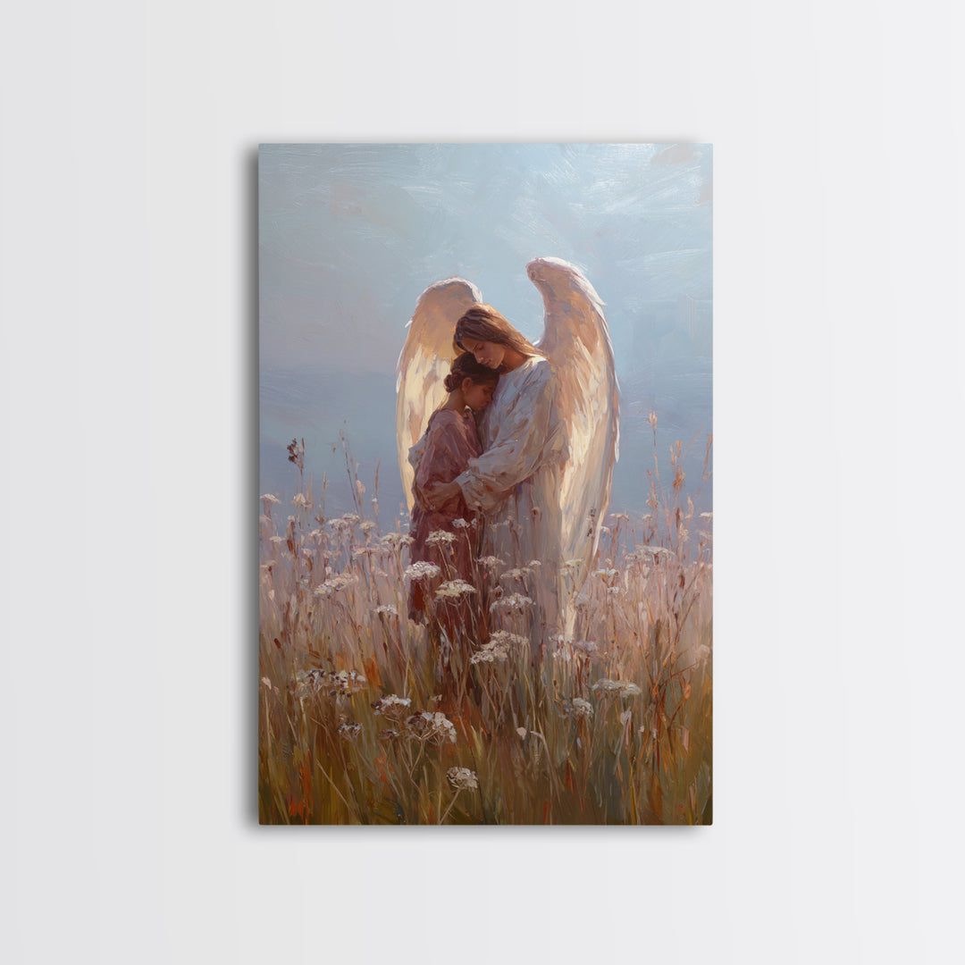 Sunlit Angel Embracing Child Wall Art, Christian Nursery Decor, Guardian Angel Canvas, Spiritual Home Decor, Gift For Her