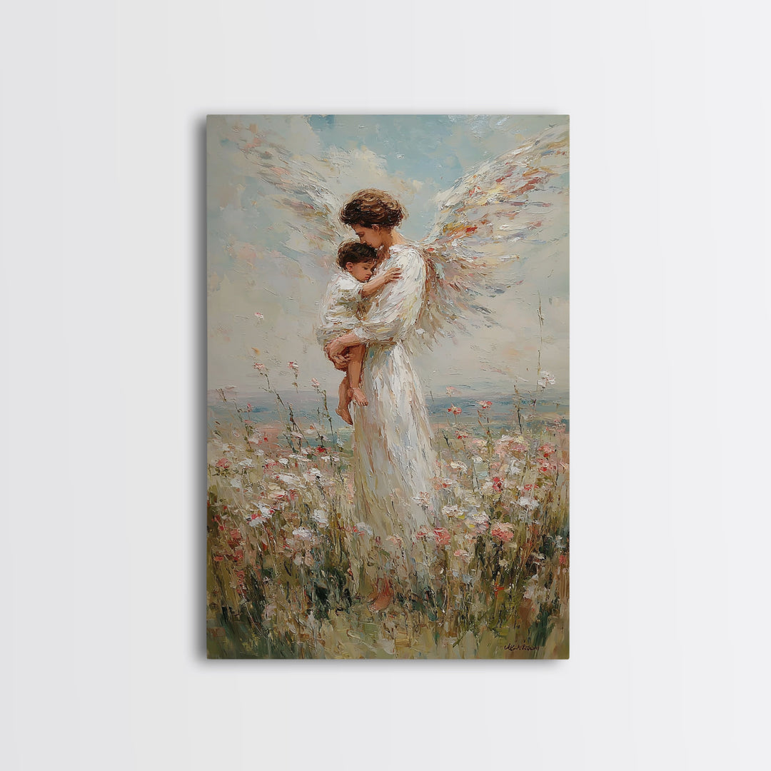 Tender Angel Carrying Child Framed Canvas Print, Christian Wall Art, Nursery Room Decor, Guardian Angel Gift For Baby Girl