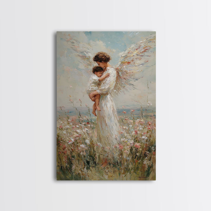 Tender Angel Carrying Child Framed Canvas Print, Christian Wall Art, Nursery Room Decor, Guardian Angel Gift For Baby Girl