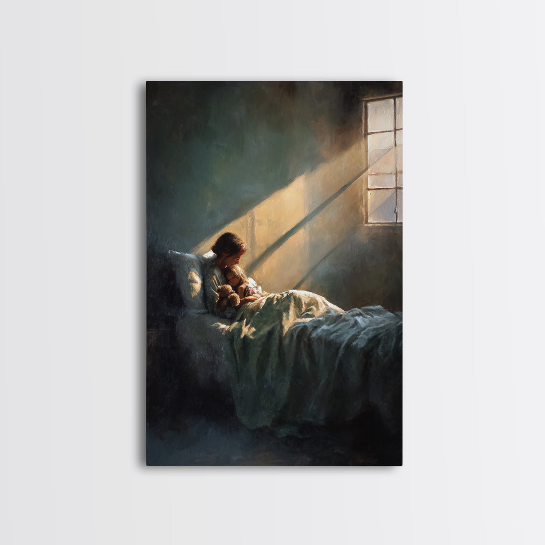 Sunlit Child With Teddy In Bed Wall Art, Bedroom Decor, Nursery Art Print, Sweet Dreams Poster, Cozy Guest Room Decor Gift