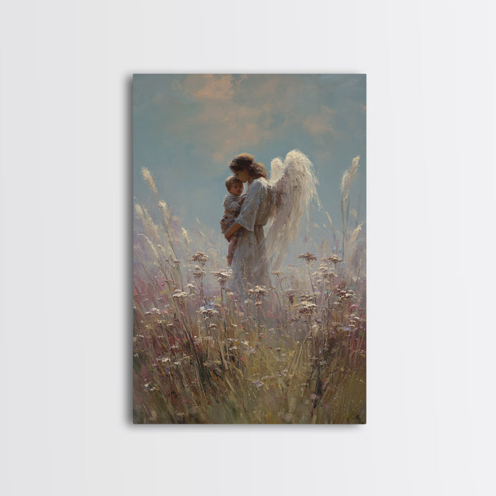Soft Meadow Angel Holding Baby Canvas Print, Christian Wall Art, Nursery Decor, Guardian Angel Gift, Calming Wall Decor Print