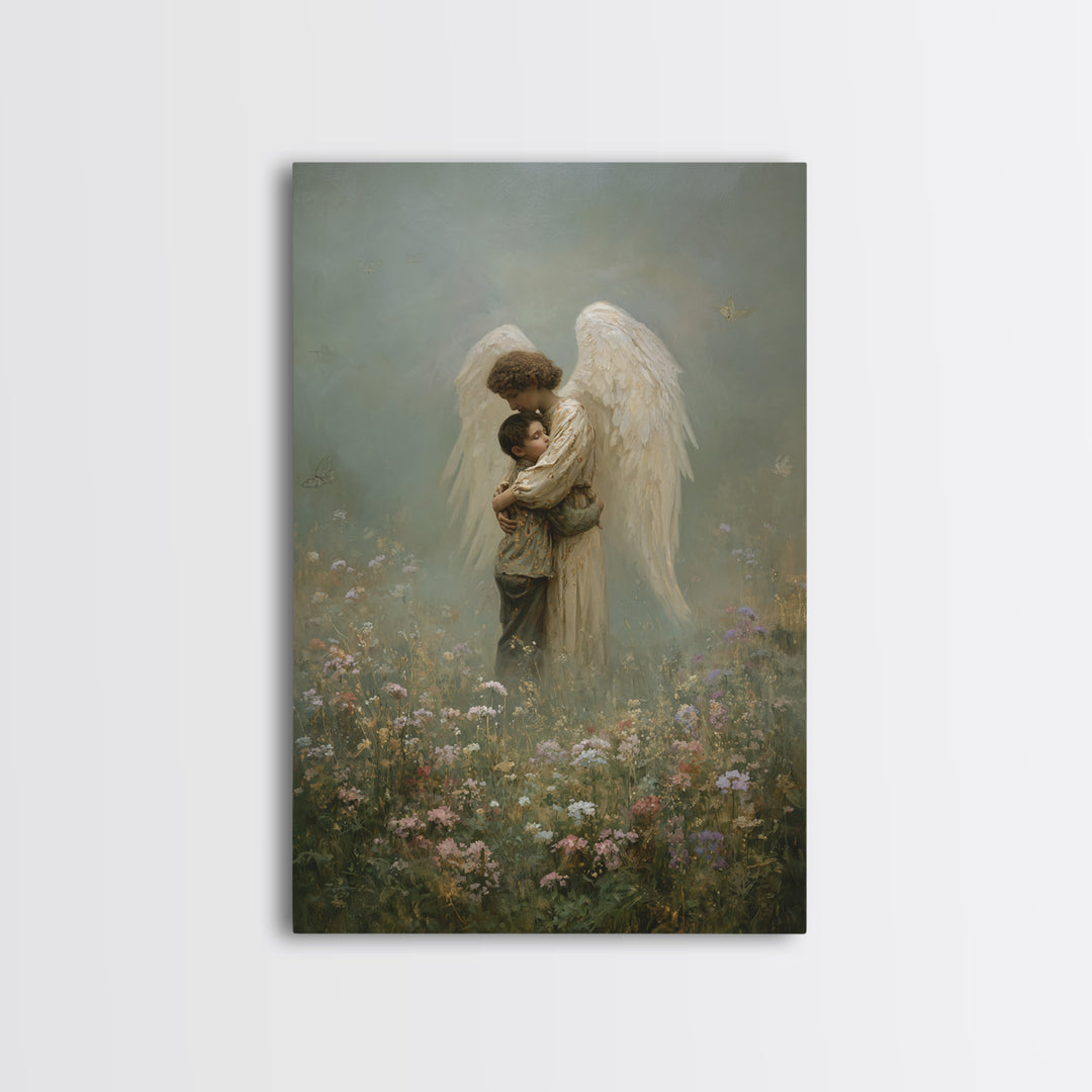 Misty Guardian Angel Hugging Child Framed Canvas Print, Christian Wall Art, Spiritual Nursery Decor, Butterfly Meadow Art