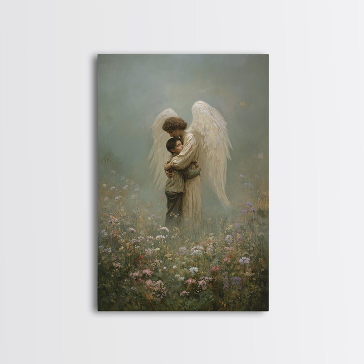 Misty Guardian Angel Hugging Child Framed Canvas Print, Christian Wall Art, Spiritual Nursery Decor, Butterfly Meadow Art
