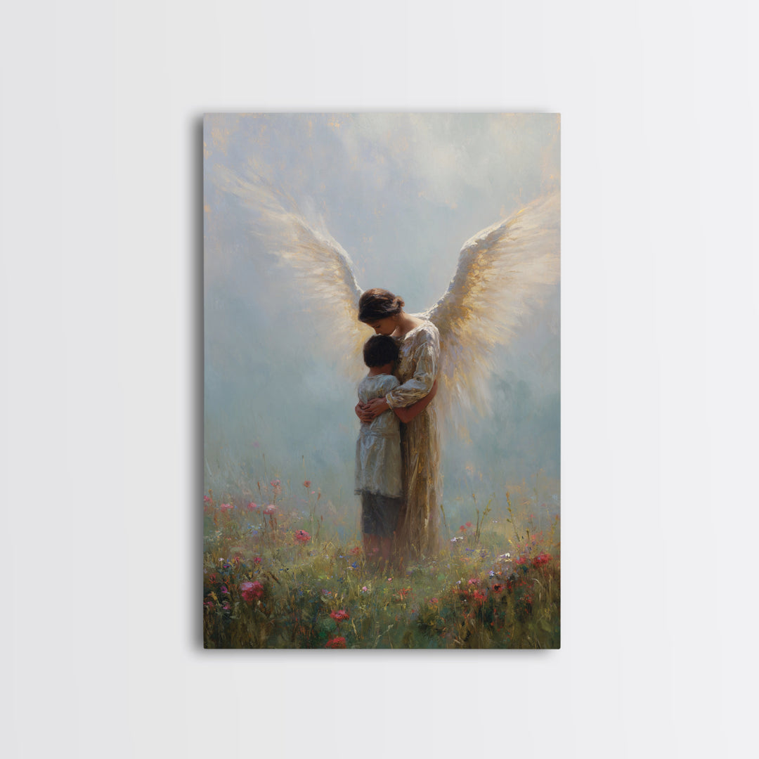 Guardian Angel Embracing Child In Wildflower Meadow Wall Art, Christian Nursery Decor, Spiritual Canvas Print Gift For Her