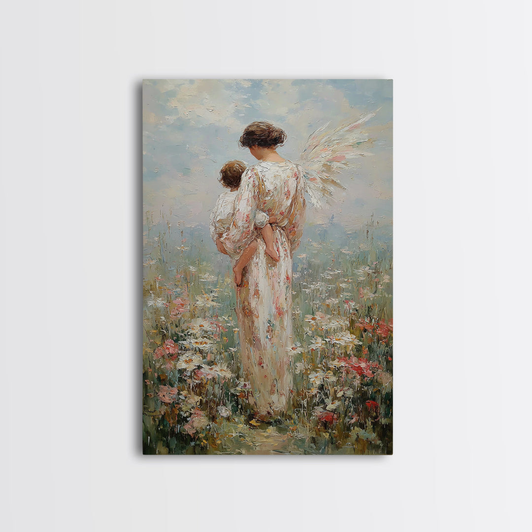 Angel Mother Holding Child In Blooming Meadow Framed Canvas Print, Christian Wall Art, Nursery Decor, Housewarming Gift
