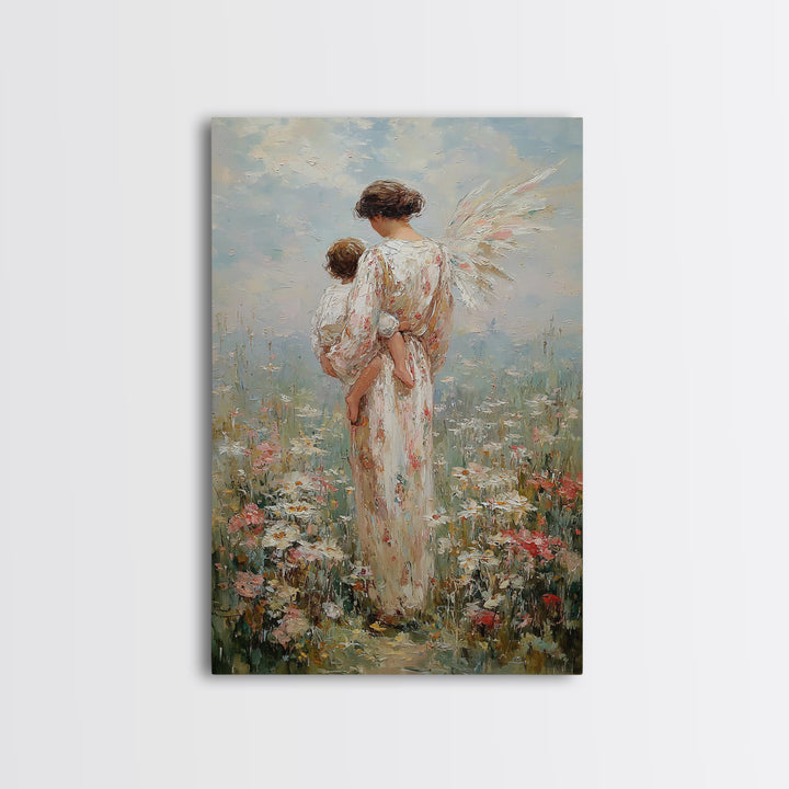 Angel Mother Holding Child In Blooming Meadow Framed Canvas Print, Christian Wall Art, Nursery Decor, Housewarming Gift