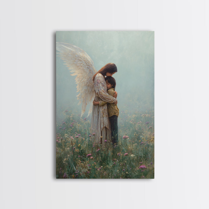 Guardian Angel Hugging Child In Misty Meadow Wall Art, Spiritual Christian Decor, Nursery Canvas Print, Housewarming Gift