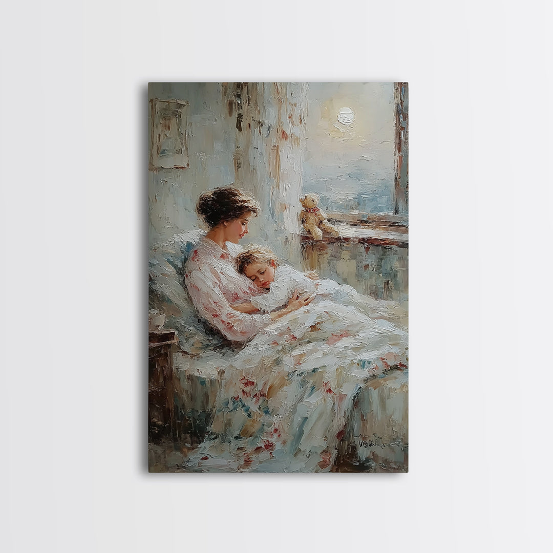 Mother Cradling Sleeping Child By Moonlit Window Framed Canvas Print, Bedroom Wall Art, Nursery Decor, Gift For Mom, Cozy Wall Art