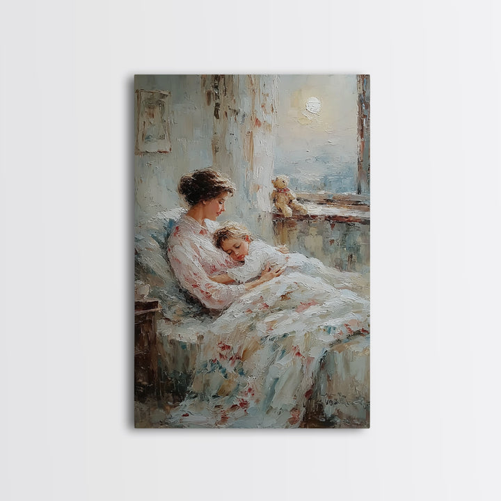 Mother Cradling Sleeping Child By Moonlit Window Framed Canvas Print, Bedroom Wall Art, Nursery Decor, Gift For Mom, Cozy Wall Art