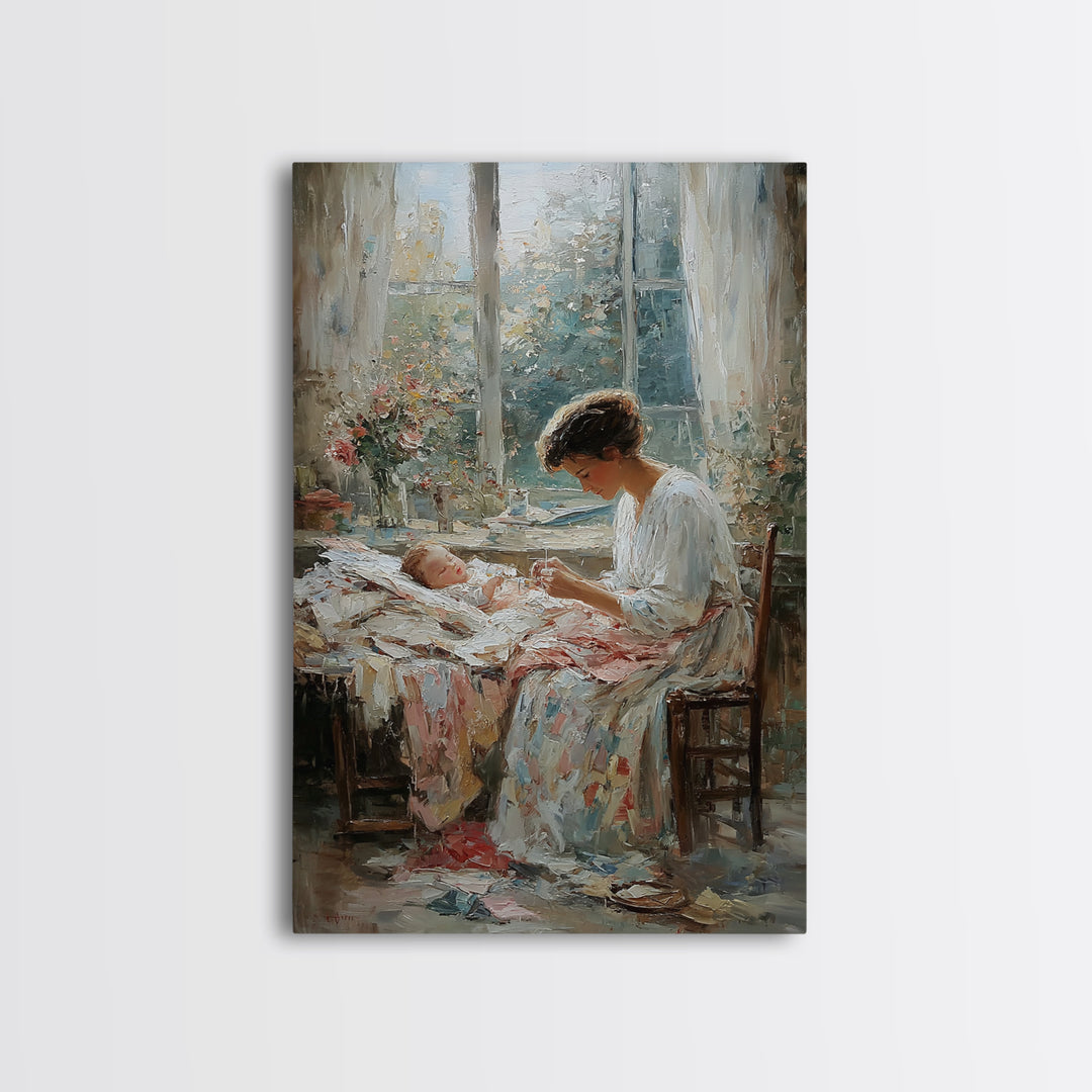 Mother Stitching By Baby Cradle, Bright Window Wall Art, Impressionist Oil Painting Print, Nursery Decor, Gift For Mom, Home Decor