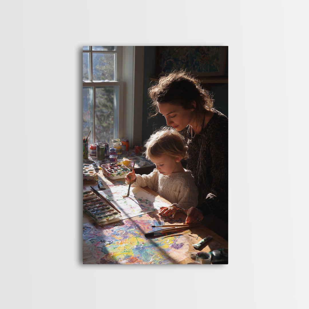 Mother And Toddler Painting Together, Sunlit Studio Wall Art, Modern Home Decor, Art Print, Gift For Mom, Kids Room Decor
