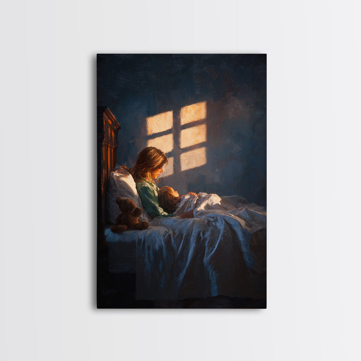 Mother Reading To Child In Bed, Warm Window Light Wall Art, Moody Bedroom Decor, Nursery Art Print, Gift For Mom, Cozy Home Decor