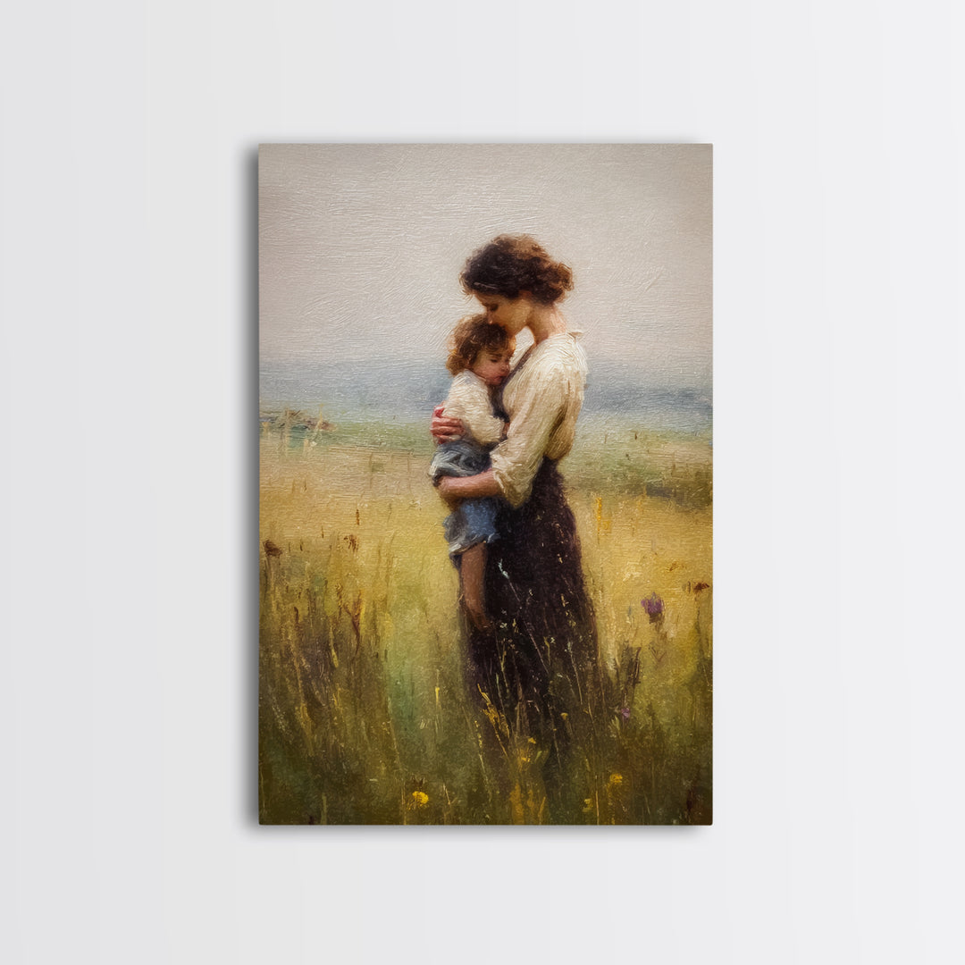 Tender Mother Holding Child In Golden Meadow Canvas Print, Soft Impressionist Oil Painting, Neutral Nursery Wall Art Gift