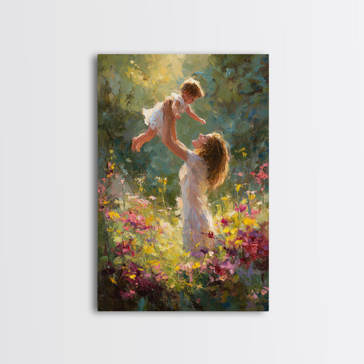 Sunlit Mother And Baby In Flower Garden Canvas Print, Impressionist Oil Painting, Colorful Nursery Wall Art Gift For Mom