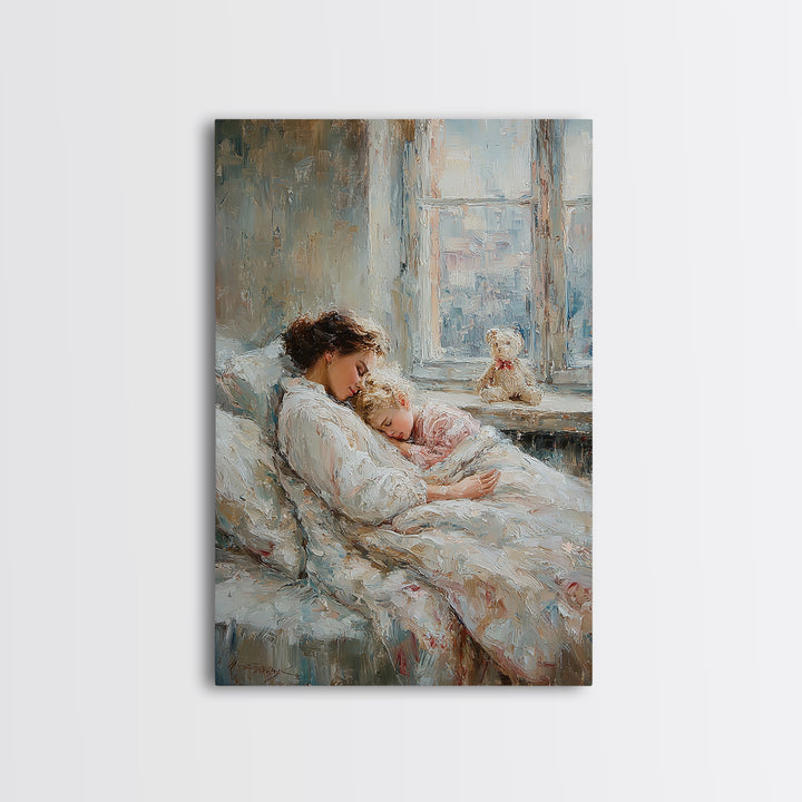 Tender Mother And Child Sleeping By Window Wall Art, Soft Nursery Decor, Mothers Day Gift, Bedroom Art Print, New Mom Gift
