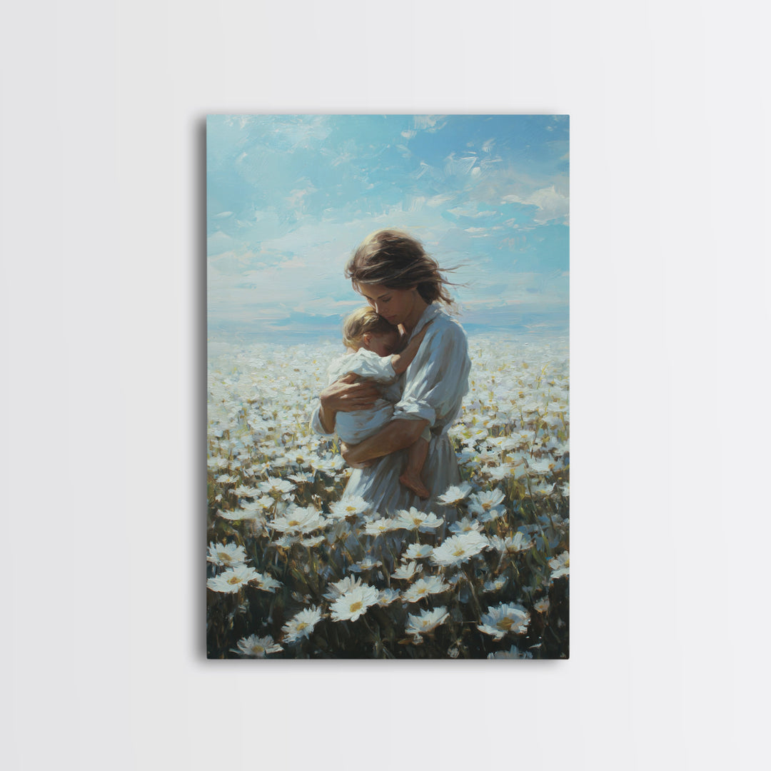 Mother Cradling Baby In Blue Sky Daisy Field Framed Canvas Print, Floral Wall Art, Nursery Decor, Mothers Day Gift, New Mom Gift
