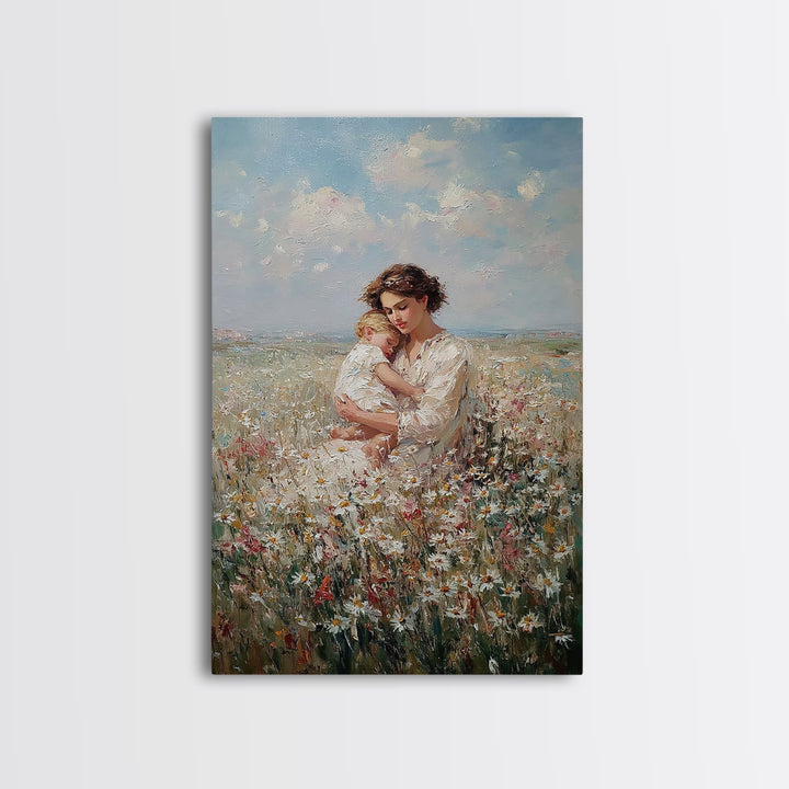 Romantic Mother And Baby In Wildflower Field Canvas Print, Floral Wall Art, Nursery Decor, Mothers Day Gift, New Mom Gift
