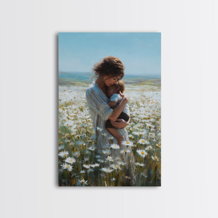 Mother Nursing Baby In Daisy Meadow Wall Art, Feminine Floral Oil Painting Print, New Mom Gift, Nursery And Bedroom Decor