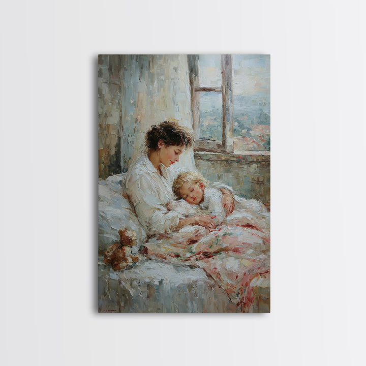Mother And Sleeping Child By Window Framed Canvas Print, Cozy Bedroom Wall Art, New Mom Gift, Nursery Room Decor, Soft Neutral Home Decor