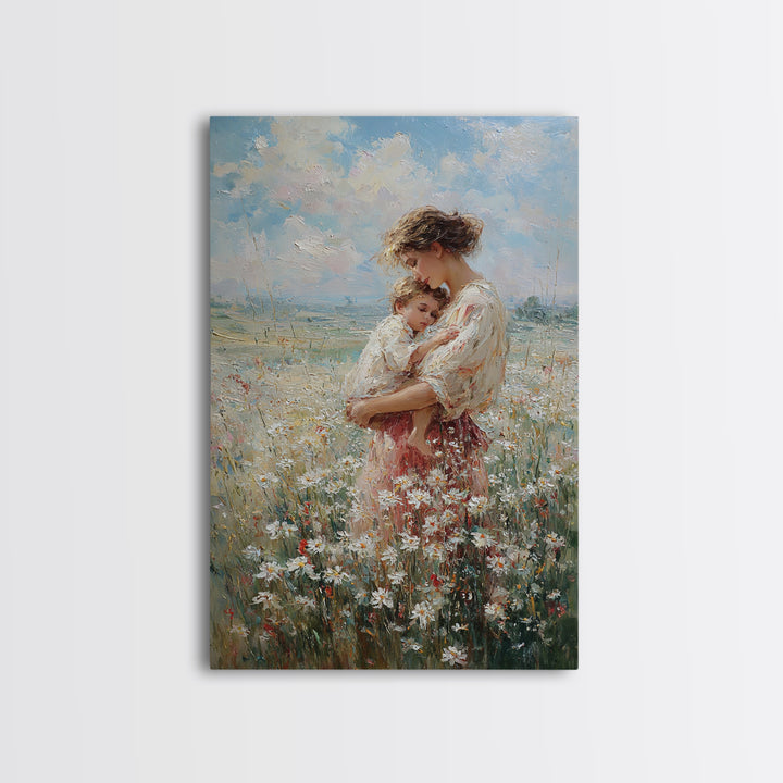 Mother Holding Child In Wildflower Meadow Wall Art, Impressionist Floral Oil Painting, New Mom Gift, Nursery Bedroom Decor