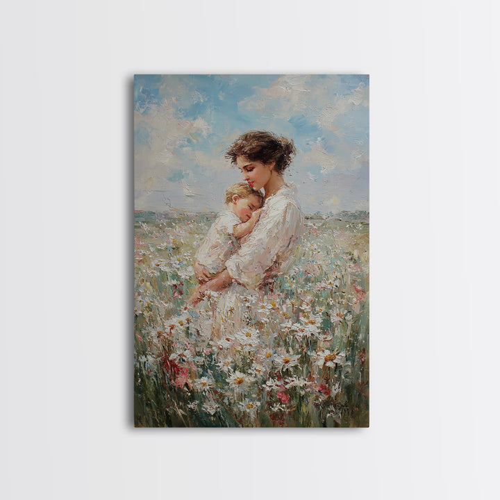 Mother Cradling Baby In Daisy Field Canvas Print, Soft Floral Wall Art, Feminine Nursery Decor, Gift For New Mom, Bedroom Wall Decor