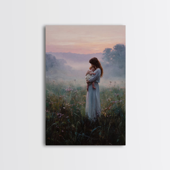 Mother And Baby In Misty Sunrise Meadow Wall Art, Romantic Landscape Oil Painting, New Mom Gift, Feminine Bedroom And Nursery Decor
