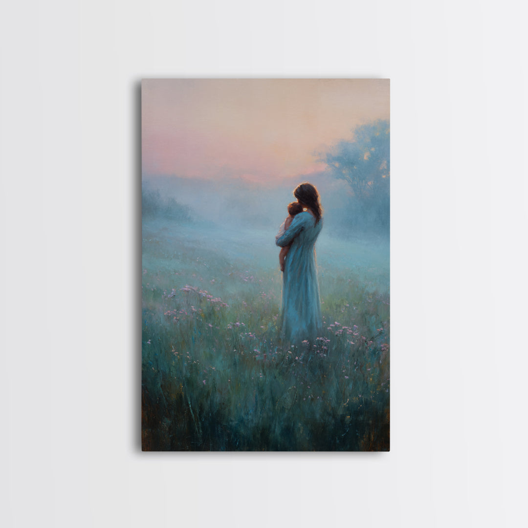 Mother Holding Baby In Foggy Pastel Meadow Canvas Print, Calming Landscape Wall Art, New Mom Gift, Nursery Decor, Soft Bedroom Wall Decor
