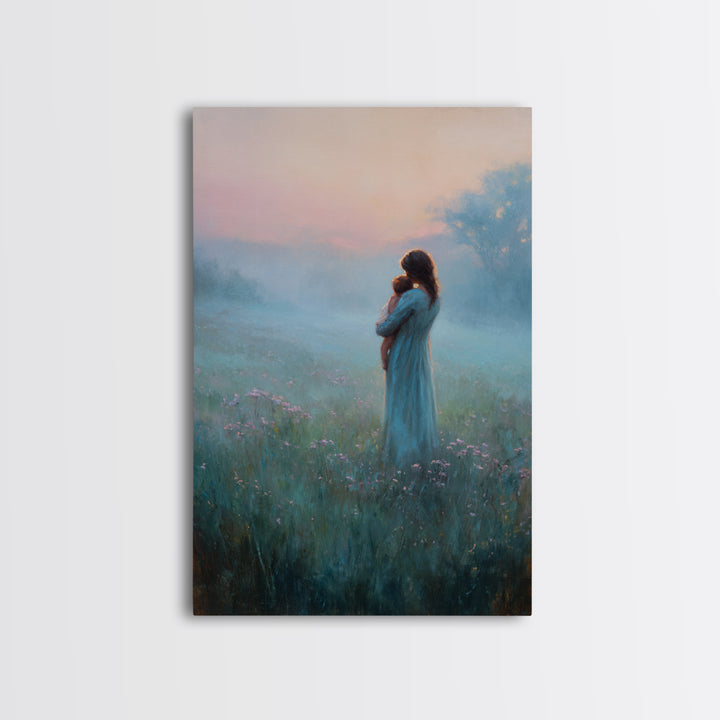 Mother Holding Baby In Foggy Pastel Meadow Canvas Print, Calming Landscape Wall Art, New Mom Gift, Nursery Decor, Soft Bedroom Wall Decor