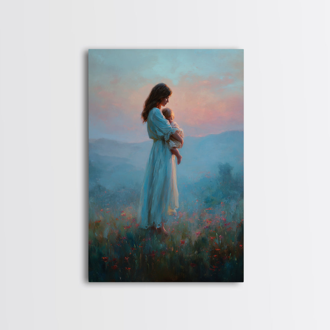 Mother And Baby At Blue Pink Sunset Wall Art, Dreamy Mountain Landscape Oil Painting, New Mom Gift, Feminine Nursery Decor