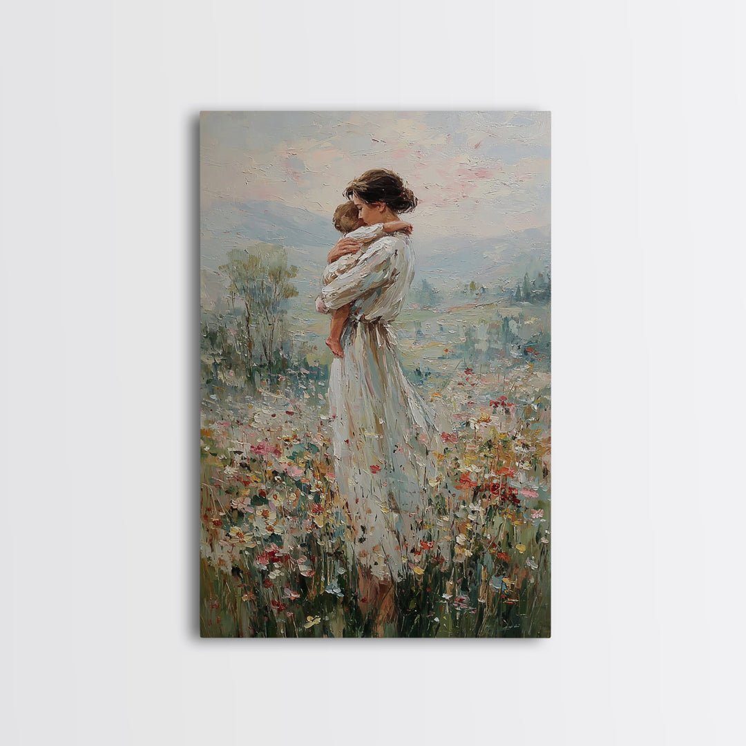 Mother Hugging Child In Mountain Wildflowers Canvas Print, Impressionist Landscape Wall Art, New Mom Gift, Nursery Decor