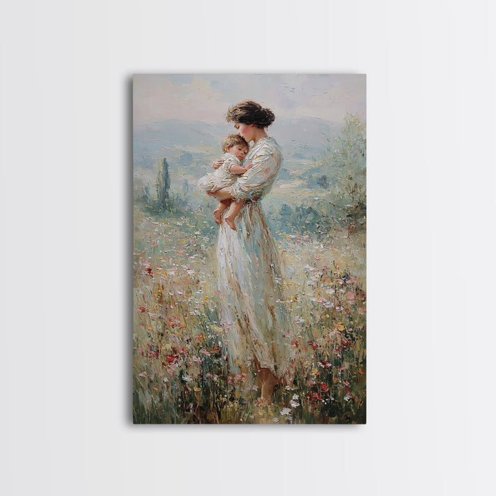 Mother Holding Baby In Wildflower Meadow Wall Art, Impressionist Motherhood Painting, Nursery Decor, Gift For Mom, Living Room Decor