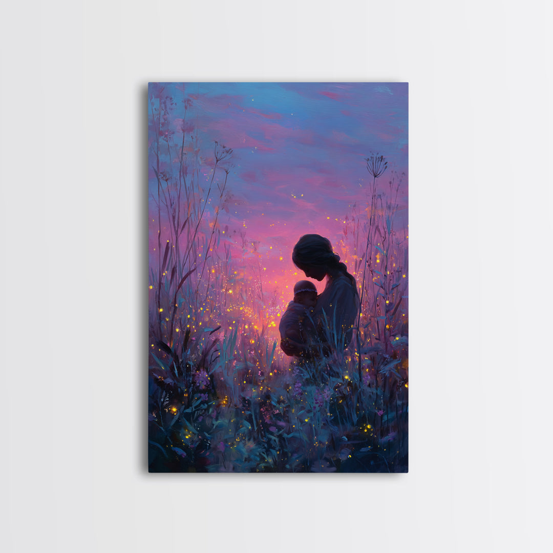 Twilight Mother And Baby In Firefly Meadow Canvas Print, Celestial Nursery Wall Art, Fantasy Decor, Gift For Mom, Bedroom Decor